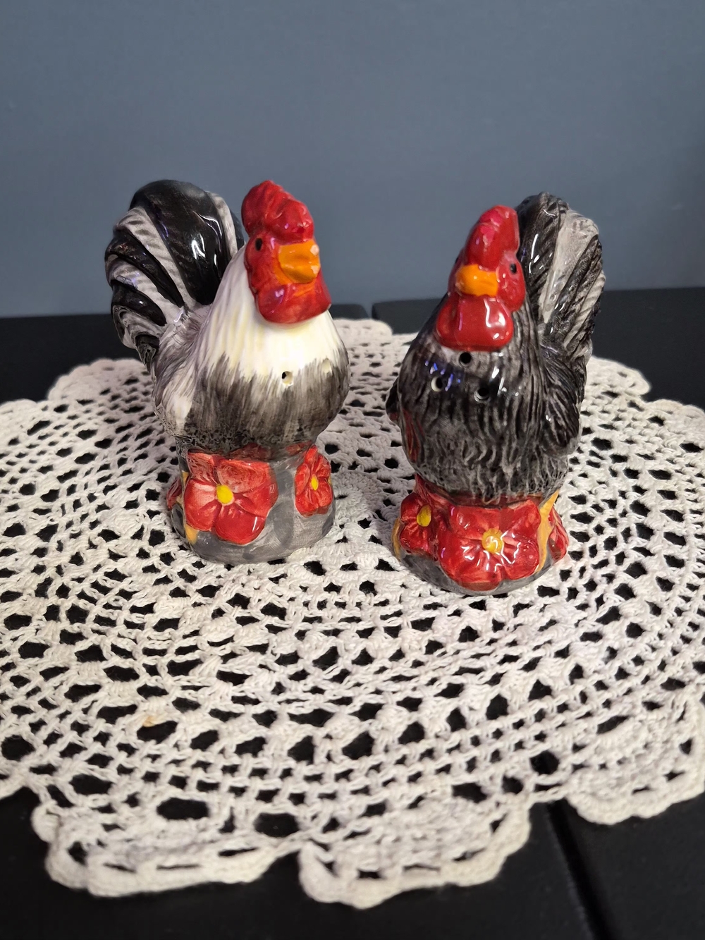 Hand-Painted Rooster Salt & Pepper Shakers - Red, Black, White